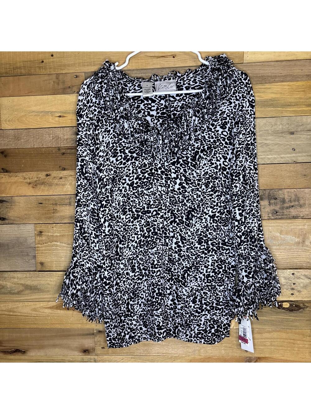 Kathy Che Blouse Top Womens NWT Sz 1X Black White Pleated Fringe Animal Print